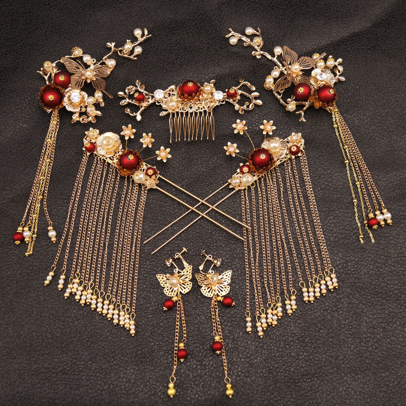 Antique Hair Accessories Full Set Bride Ancient Costume Headdress Headdress for Han Chinese Clothing Hairpin Comb Hair Clasp Super Fairy Retro Tassel Buyao