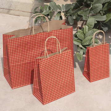 红色网格圆绳包装纸袋可回收环保纸质包装袋