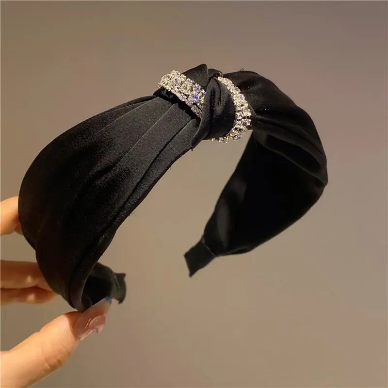 Korean Style Cross-Knotted Rhinestone Wide Brim Hair Band Women's Double-Layer Satin Retro Temperament High Skull Top Joker Hairclip Headdress