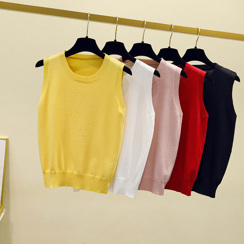 轻薄透气舒适宽松坎袖吊带背心女纯色圆领无袖针织打底衫夏外穿