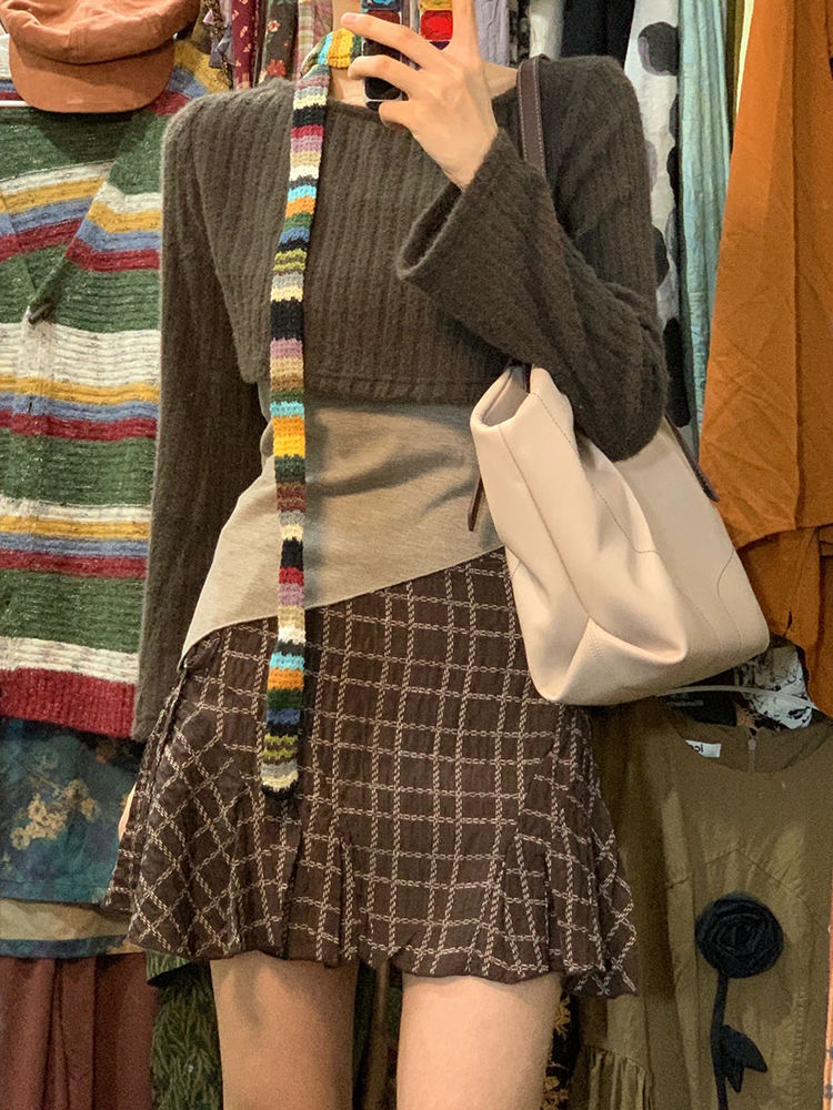 美拉德复古穿搭一整套 棕色格子a字半身裙女百褶裙短裙秋冬-阿里巴巴