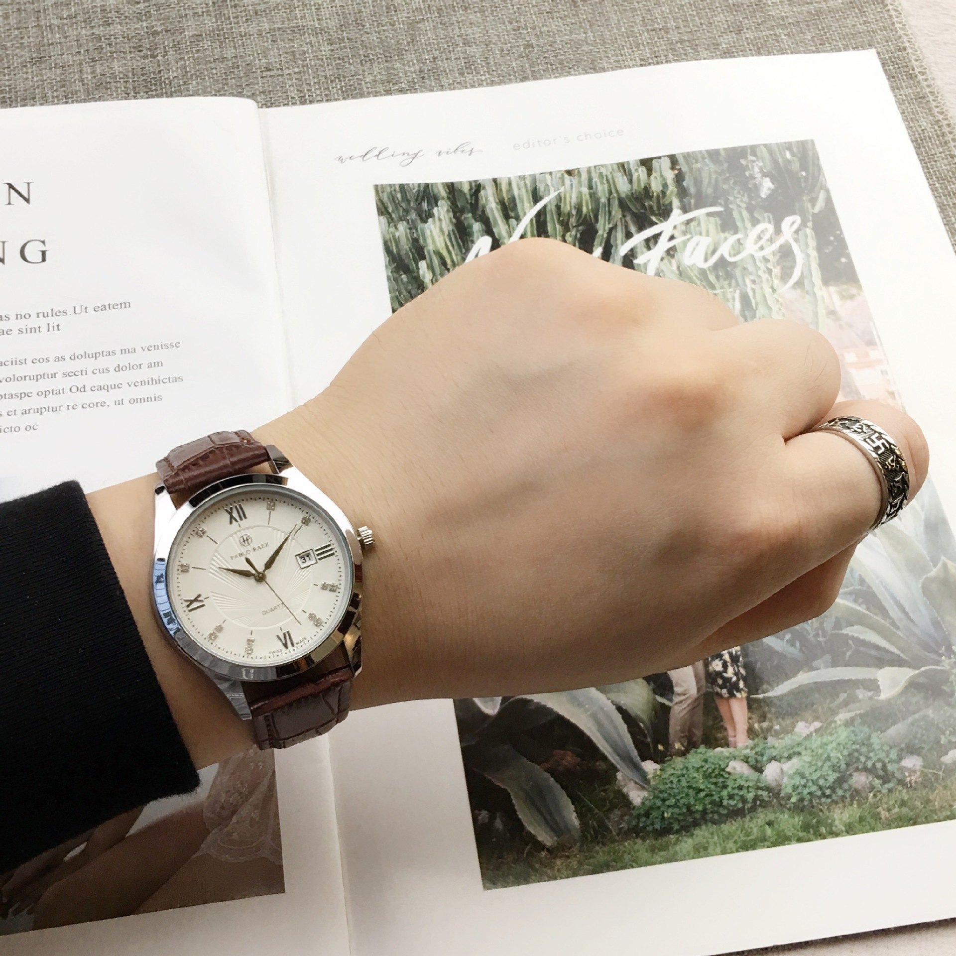 pablo raez棕色男士气质皮带腕表非机械表日历商务石英表包邮