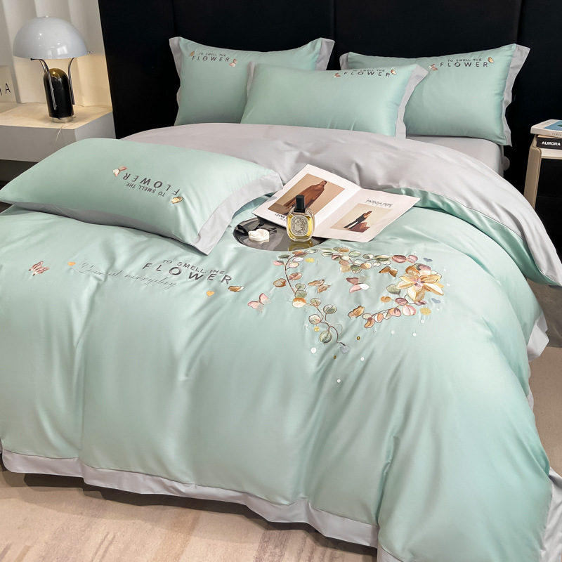 新款轻奢风刺绣全棉四件套纯棉双拼纯色高级床单被套枕套床上用品