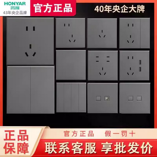 特价鸿雁开关插座大板L2灰色二三插五孔墙壁插座电脑电视一开二开
