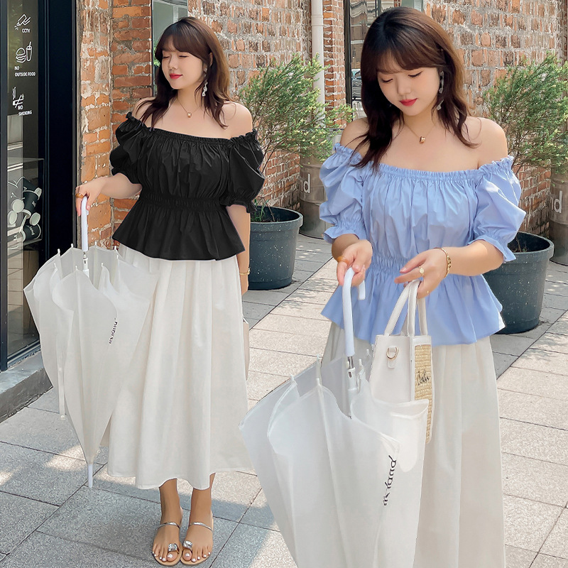 W480 Xuanchen Large Size Women's Clothing Graceful Puff Sleeve Top Female Fat Sister Summer New off-Shoulder Youthful Undershirt