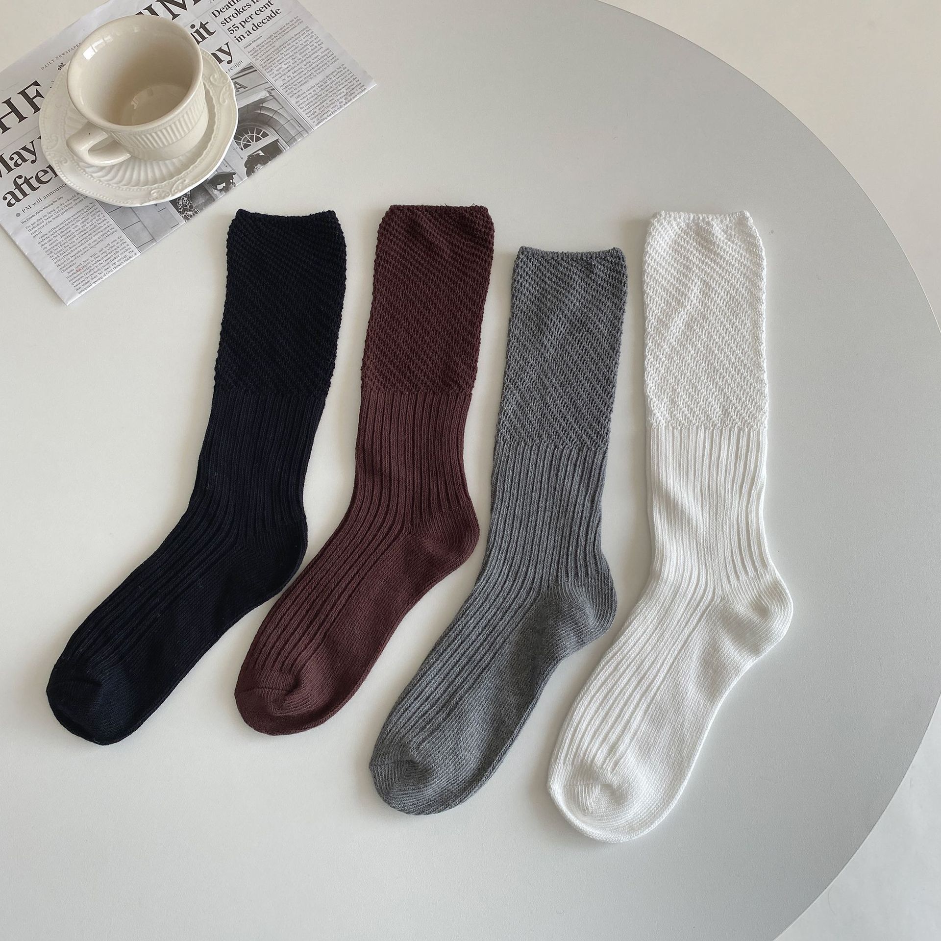 春秋款ins小腿袜韩系个性纯色堆堆袜粗针颗粒拼纱美式百搭中筒袜