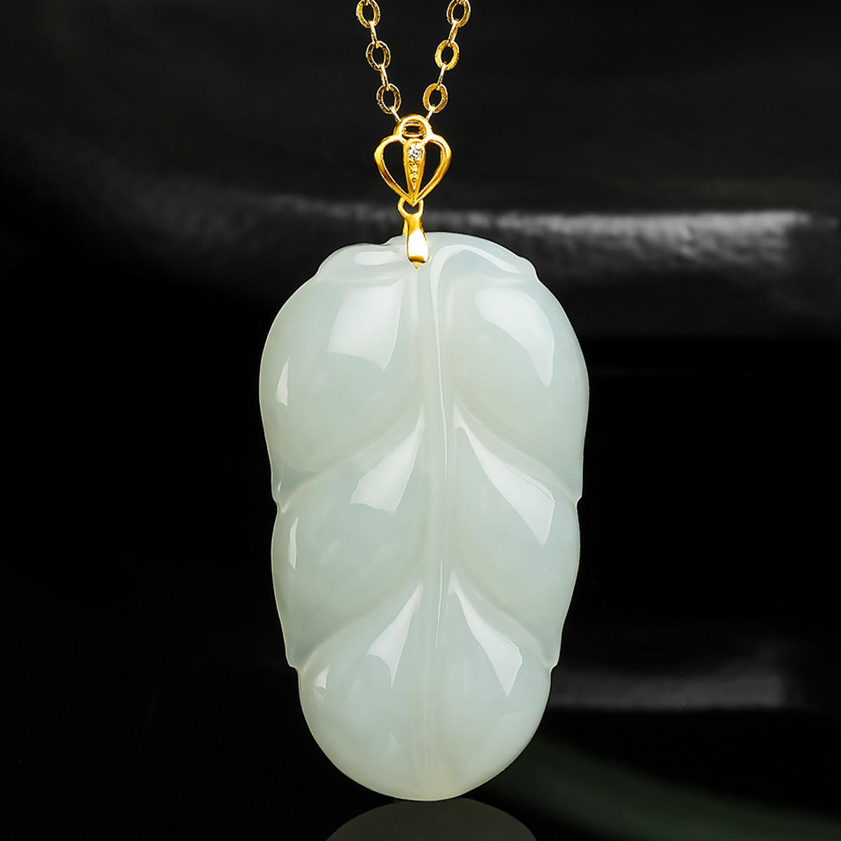 老料和田玉白玉树叶叶子吊坠正品18k金天然玉石挂件项链男女