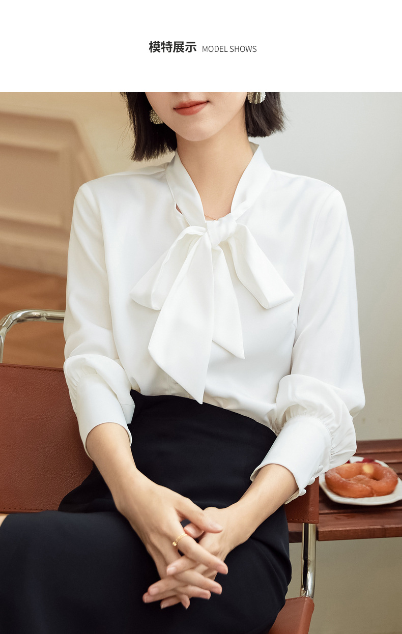 百姿秋季新品潮流蝴蝶结飘带女式衬衫通勤风纯色开衫圆领系带上衣详情9
