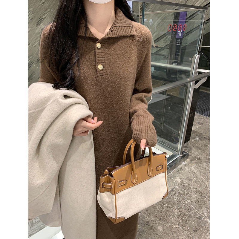 Korean Style Autumn and Winter New Lazy Wind Knitted Dress Women's Button Lapel Loose Long Pullover Woolen Skirt Outer Wear