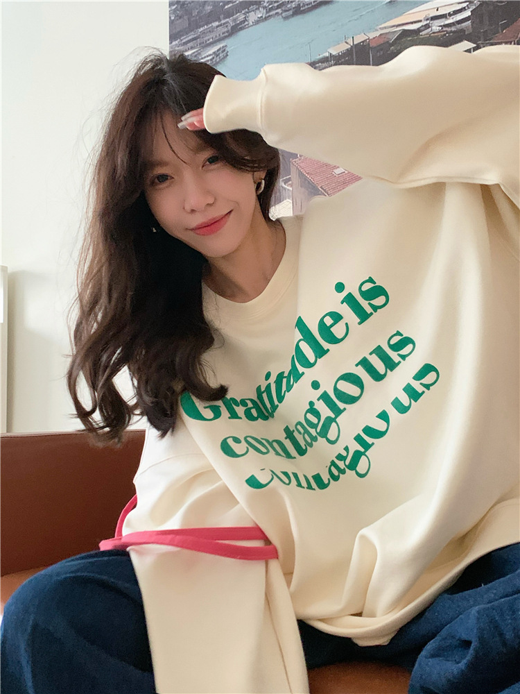 Winter Thickened Velvet Padded Sweet Student Long Sleeve Sweater Women's 2022 New round Neck Printed Letters Mid-Length Top