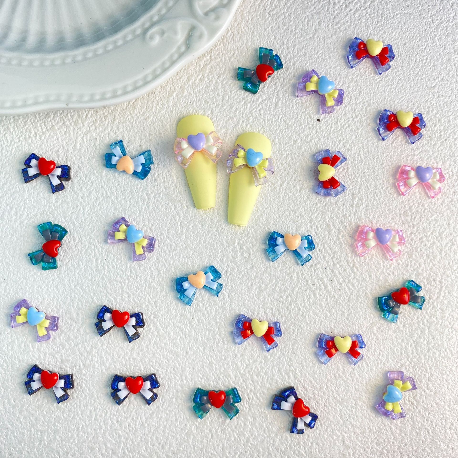 新款细闪双层蝴蝶结爱心美甲饰品美少女手工diy发卡穿戴甲配件批