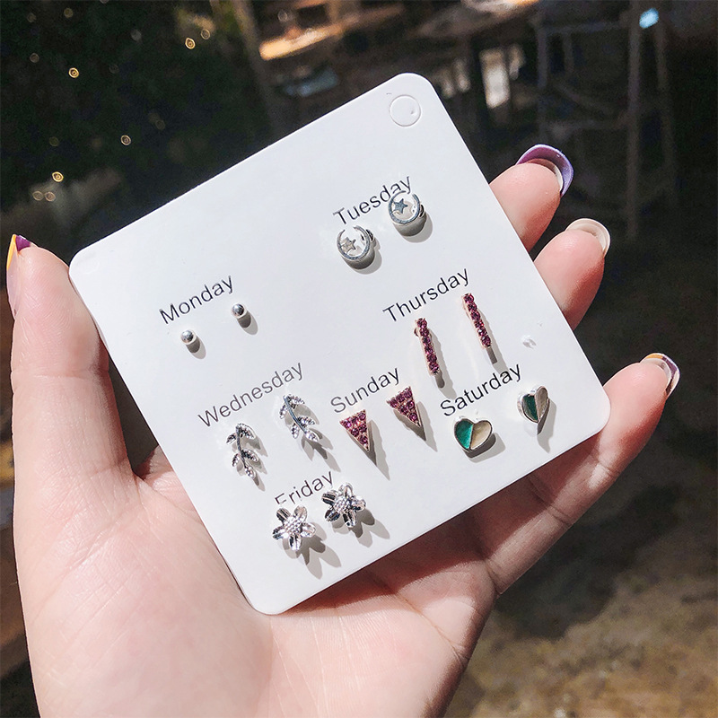 Cute and Compact Week Earrings Set Combination Earrings 2021 Trendy Simple Graceful Cold Japanese and Korean Style Earrings for Women