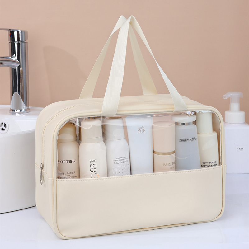 New Transparent Cosmetic Bag Portable Pu Portable Waterproof Wash Bag Large Capacity Storage Bag PVC Stitching Cosmetic Bag