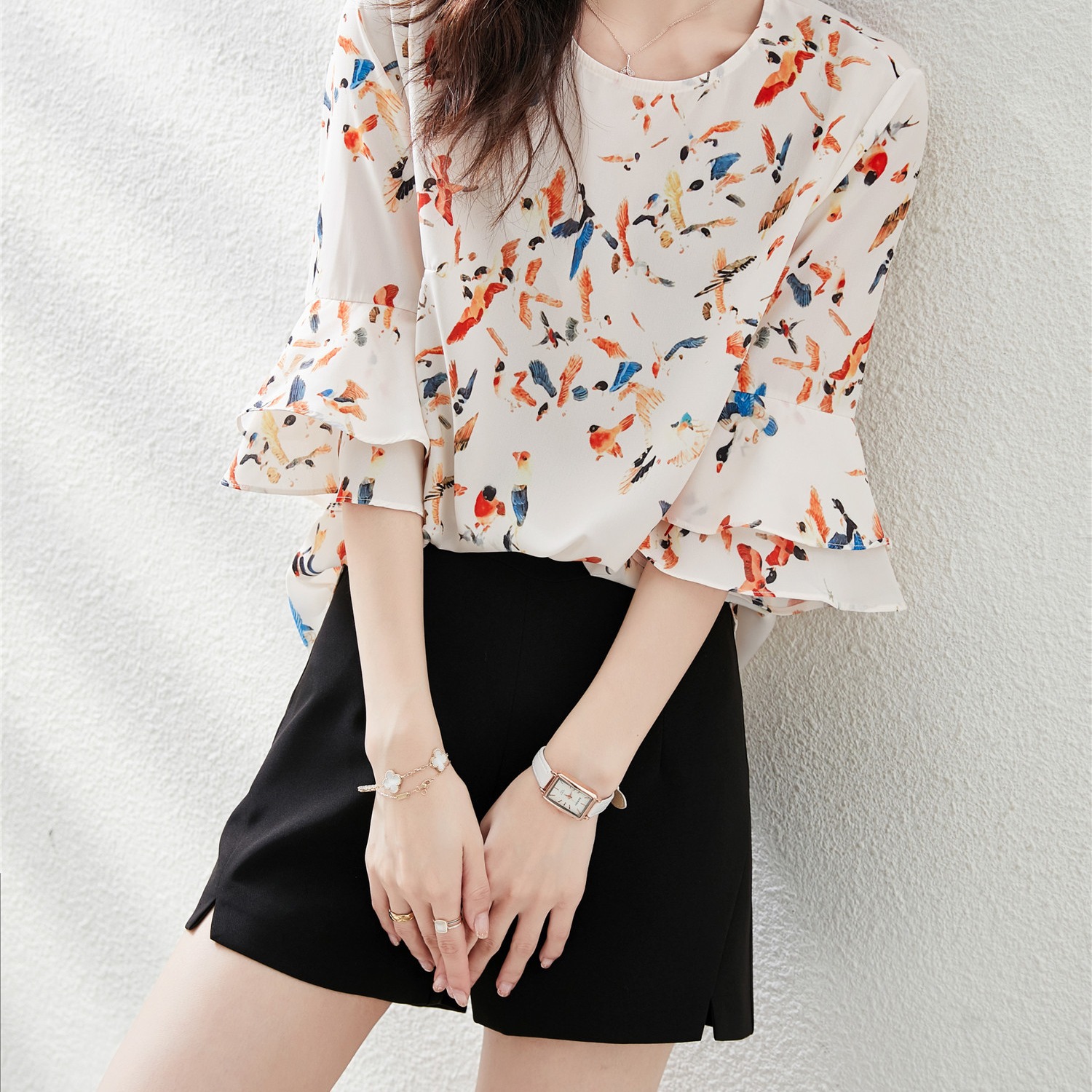 雪纺衫女七分袖夏季女装2021新款喇叭袖小衫荷叶边宽松遮肚子上衣