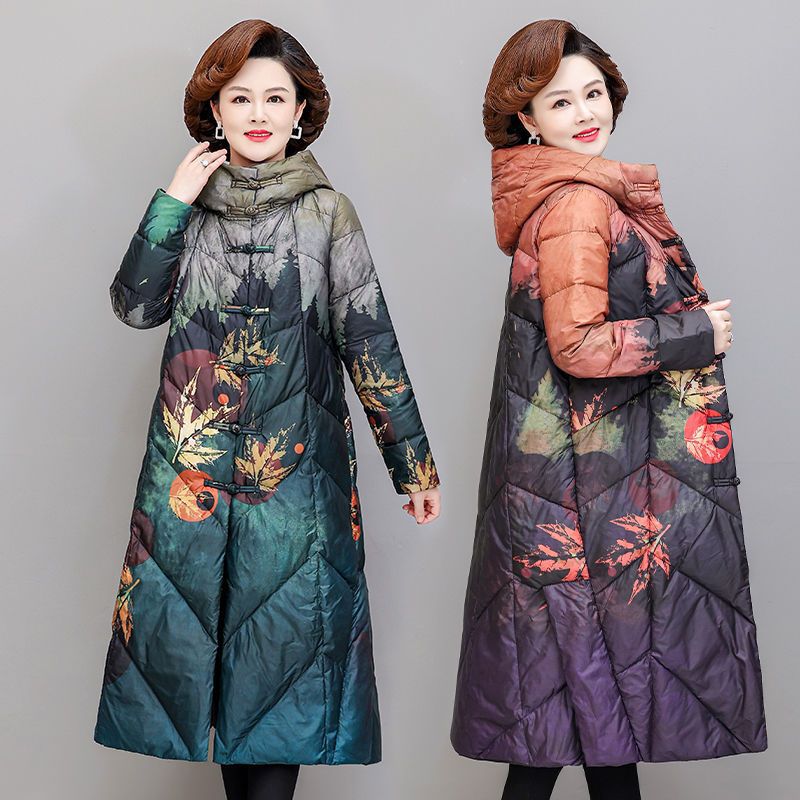 羽绒服女中长款复古白鸭绒保暖民族风宽松连帽印花冬款轻薄外套
