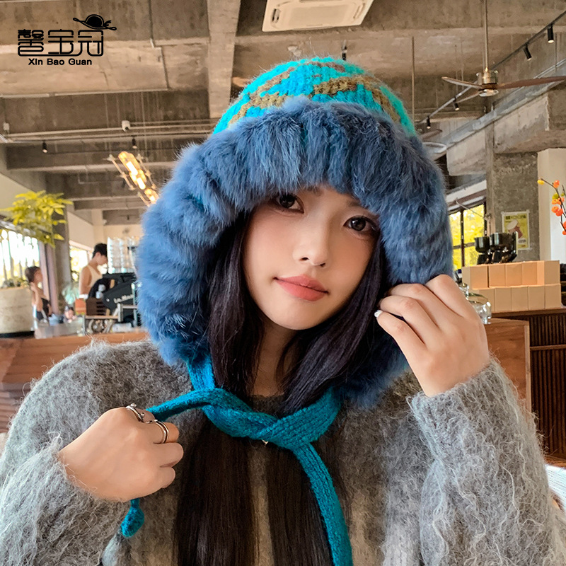 stylish korean style hat women‘s winter plush warm earflaps slipover ushanka all-match face-looking small knitted woolen cap