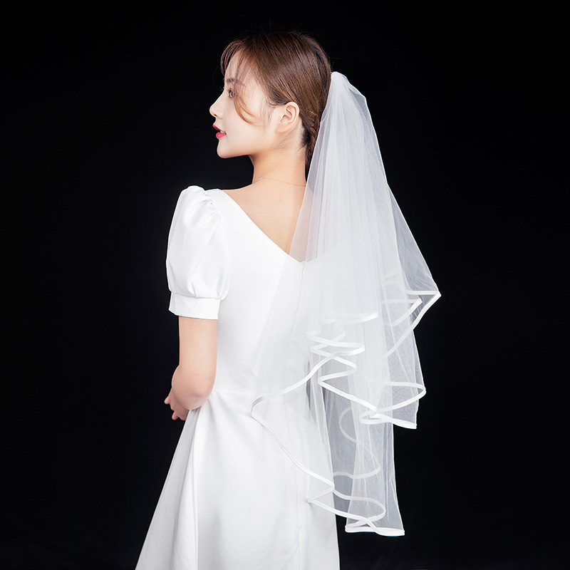 新款仙系新娘头纱 婚纱婚礼缎带双层包边头纱拍照派对批发3119