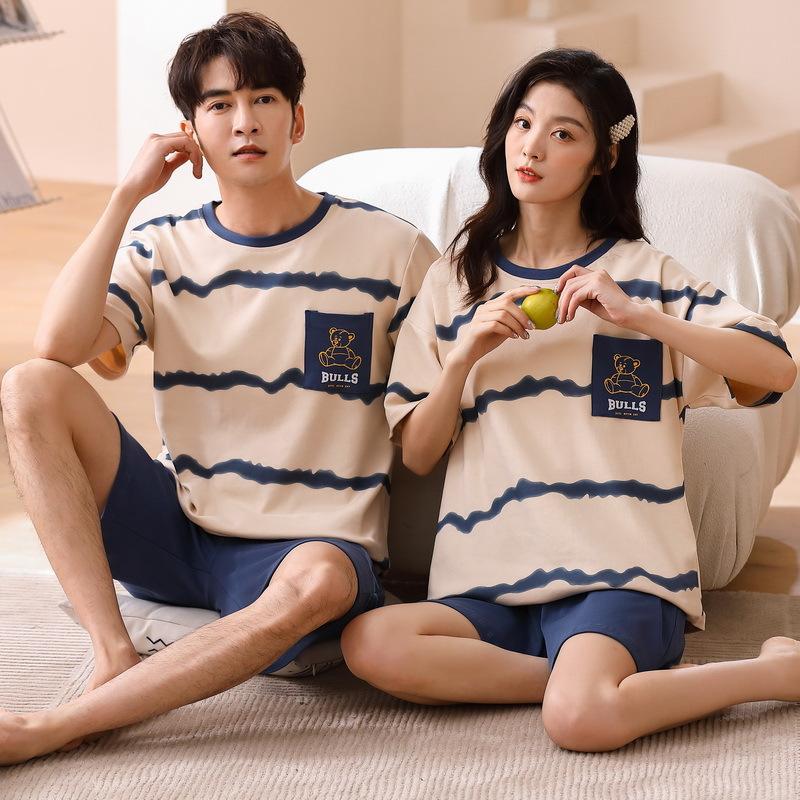跨境夏季短袖纯棉情侣睡衣薄款大码男士圆领条纹女夏家居服两件套