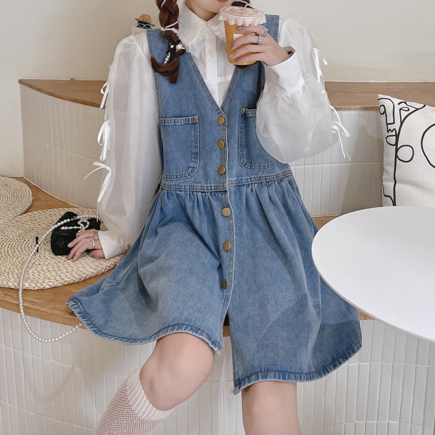 壹捌潮品 连衣裙女春夏韩版学院风甜美背带牛仔裙纯色学生a字短裙