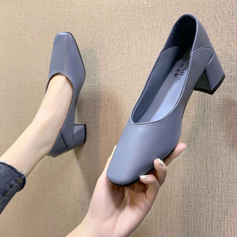 新款方头高跟鞋女中粗跟韩版百搭黑色显瘦时尚工作职业单鞋女潮鞋