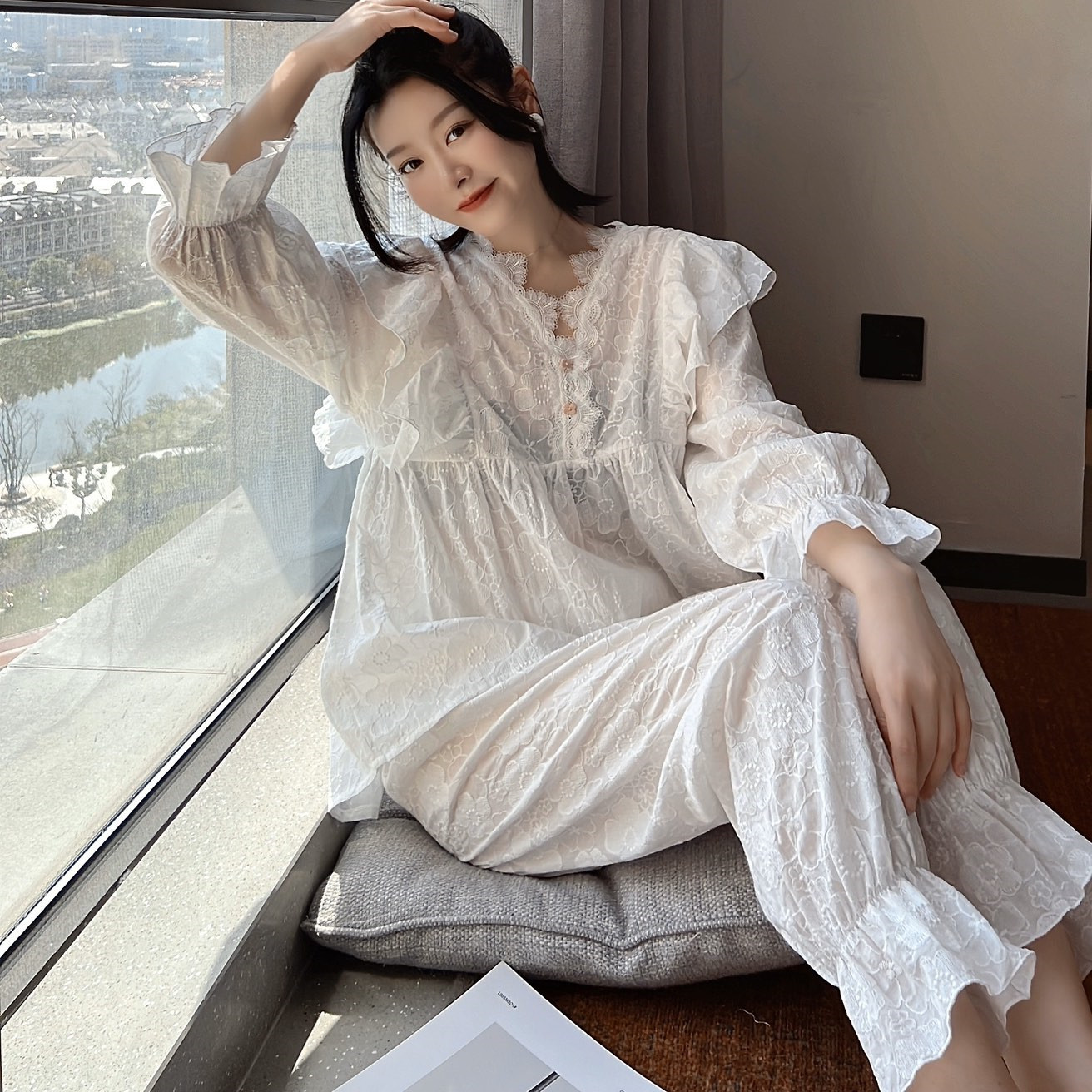 宫廷风睡衣女秋季薄款丝棉纯棉家居服甜美公主套装可爱休闲两件套