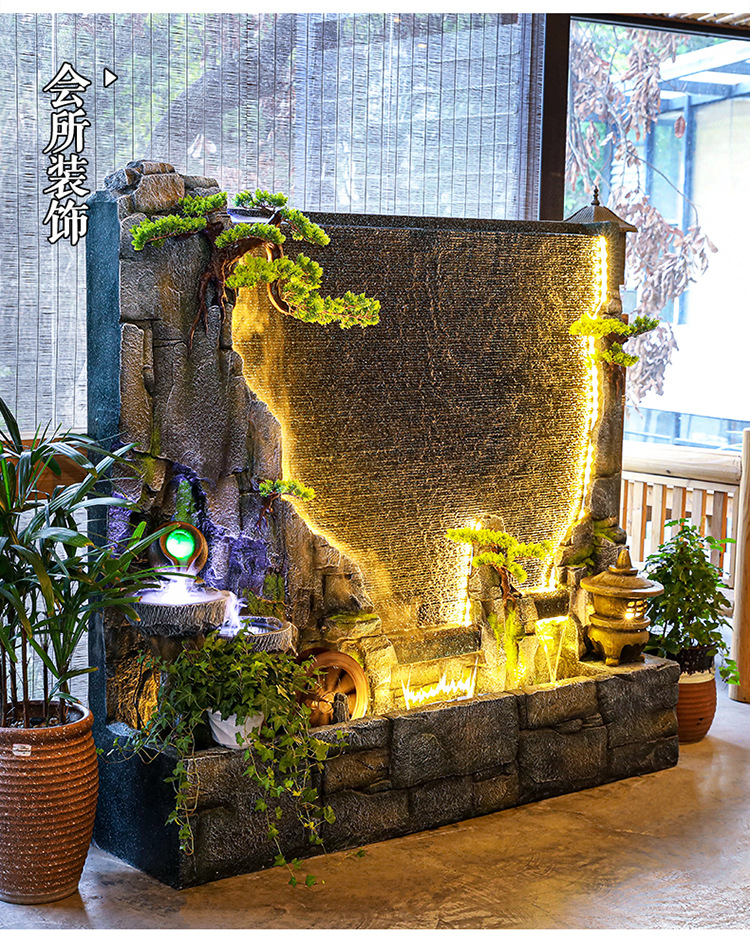 新中式客厅大型假山水幕墙流水屏风公司创意形象落地摆件 流水墙