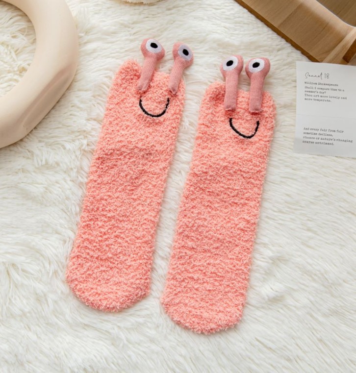 Cartoon Big Eyes Coral Fleece Socks Korean Style Cute Thickening Warm Parent-Child Sleeping Socks Non-Slip Silicone Room Socks