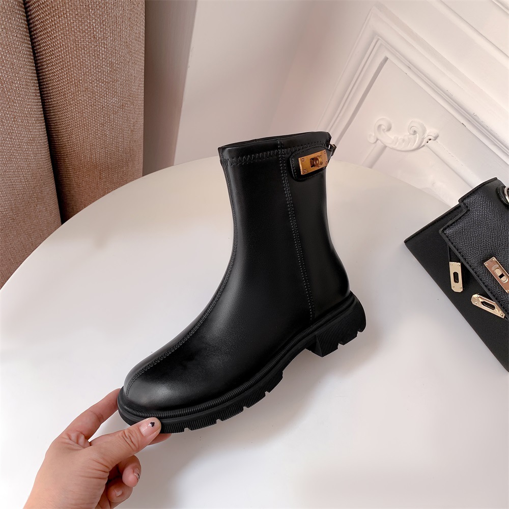 厚底马丁靴短靴女春秋复古后拉链瘦瘦靴金锁扣英伦风
