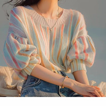 小香风彩色条纹针织短袖t恤女夏韩系小众独特别致绝美泡泡袖上衣