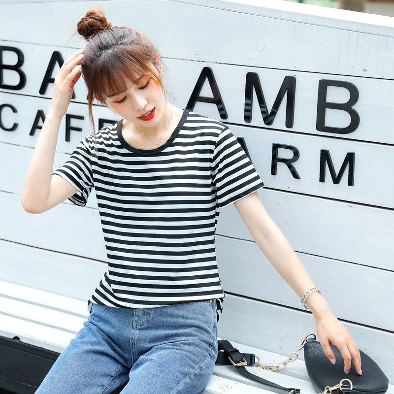 夏季黑白条纹短袖t恤女装宽松内搭韩版上衣显瘦新款学生圆领t恤衫