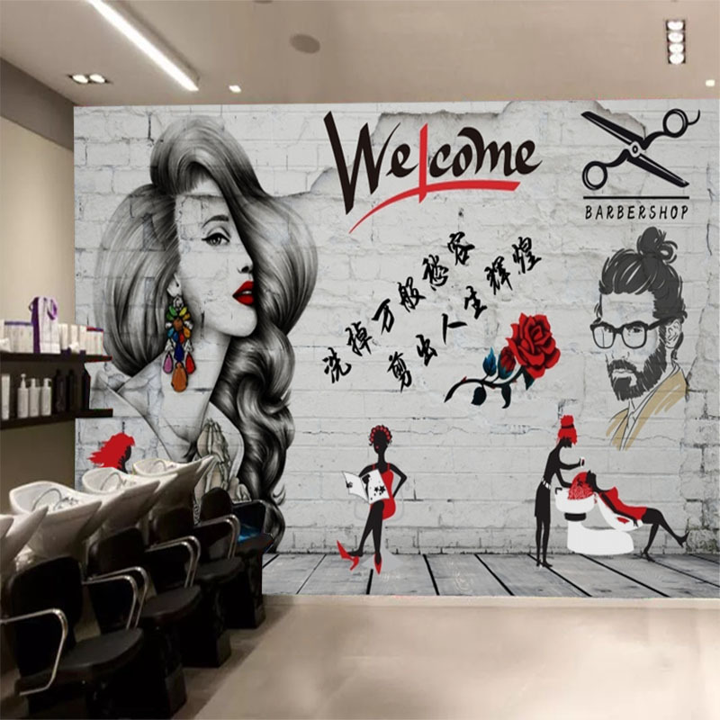 工装个性墙纸美容美发壁画美甲形象背景墙壁纸理发店发廊壁纸
