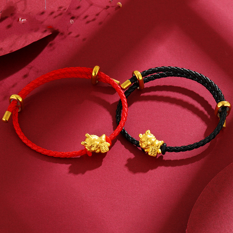 足金发财龙转运珠本命年宝宝红绳手链黄金生肖龙串珠3d硬金麻将发