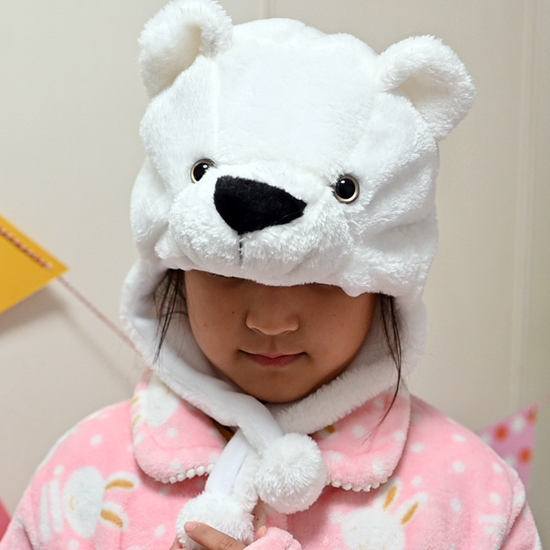 跨境货源可爱卡通短款白熊北极熊毛绒帽子动物棕熊猫头套儿童成人