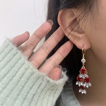 高级感红色玫瑰花锆石耳扣独特设计超仙浪耳环气质轻奢长款耳饰品