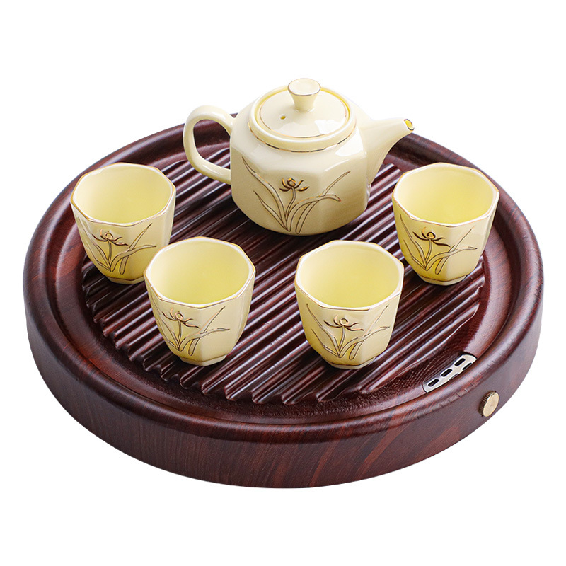 Solid Wood round Tray Tea Tray Simple Kung Fu Tea Set Office Home Porcelain Gaiwan Teapot Mini Set Wholesale