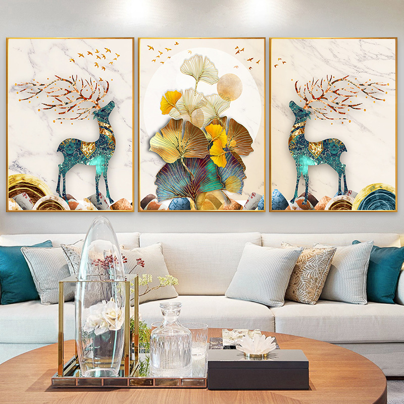 钻石画2021年新款满钻石三联画发财鹿十字绣欧式水晶砖石贴画2020