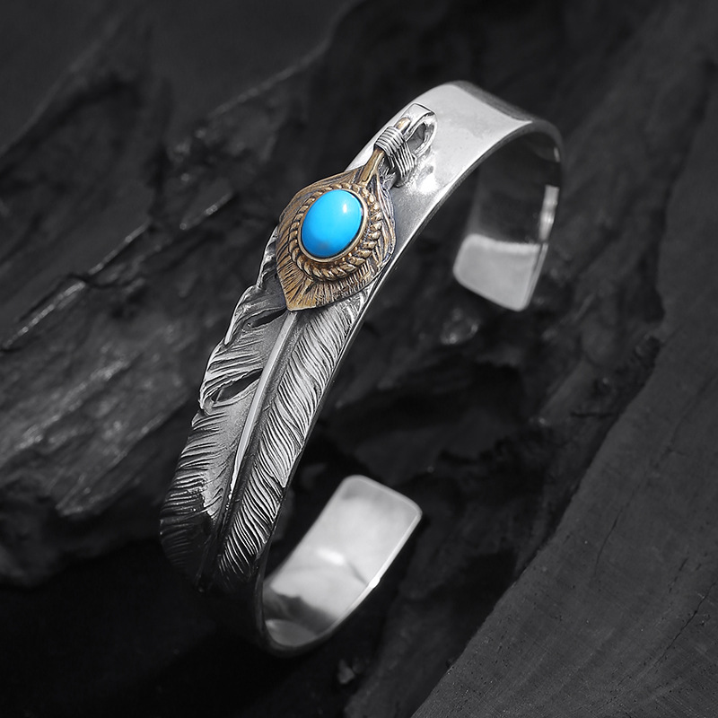 高桥吾郎goros原版手工复刻高端925银泰银xl绿松石羽毛开口手镯