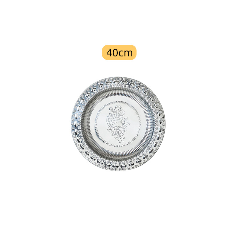 Hz70 Pearl Flower Disk Stainless Steel Embossed Thai round Tray Hotel Restaurant Multi-Purpose Dish Craft Plate Wholesale