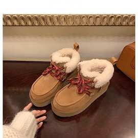 桑坡羊皮毛一体厚底系带雪地靴女冬季加绒防寒保暖真皮芙拉卡棉靴