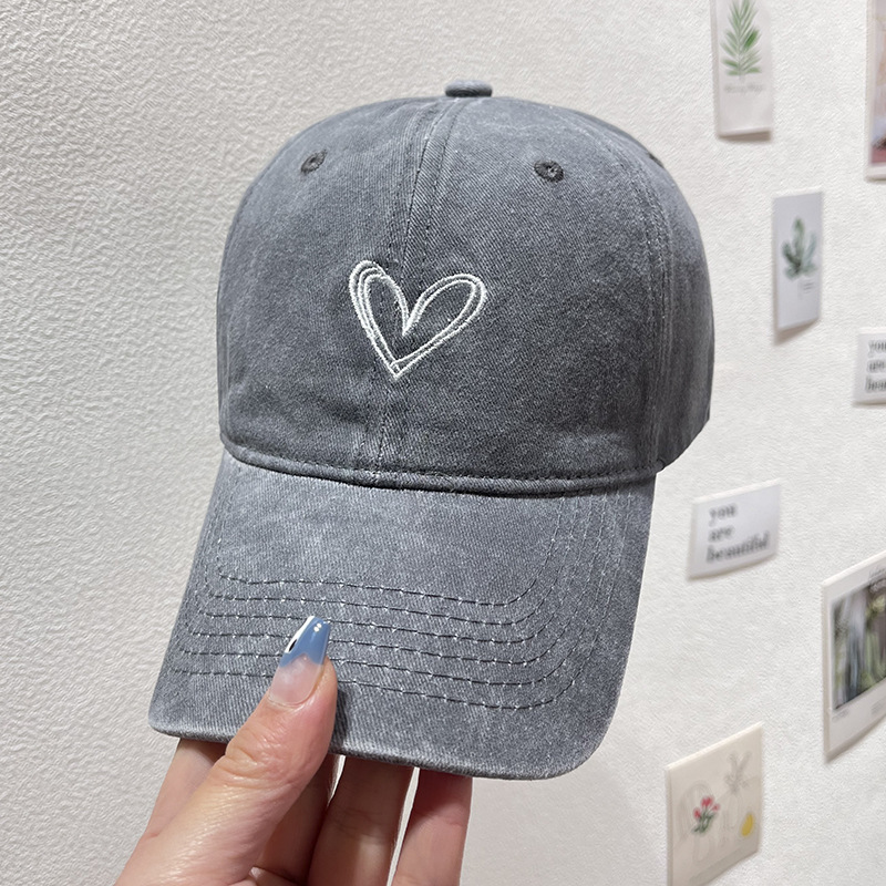 Spring and Summer Hat Women's Embroidered Peach Heart Washed Denim Baseball Cap Casual Korean Thin Couple Soft Top Duck Hat Men