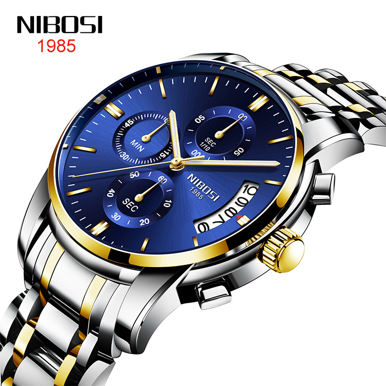 现货 热卖手表 nibosi商务男士手表 多功能六针石英表批发