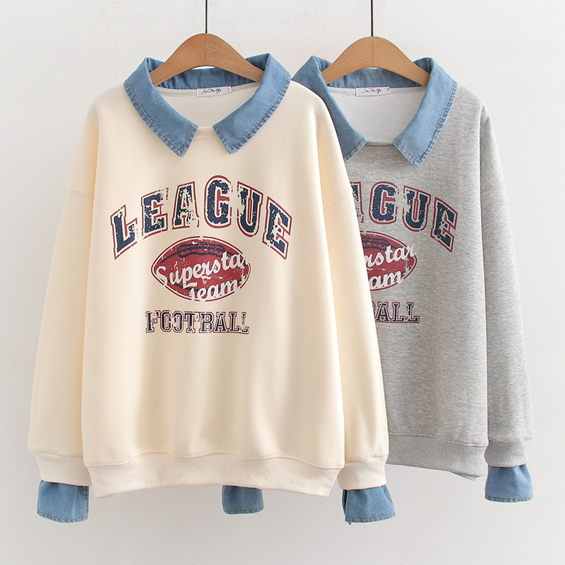 yh00146假两件牛仔领拼接卫衣女春装学院风休闲卡通印花上衣长袖