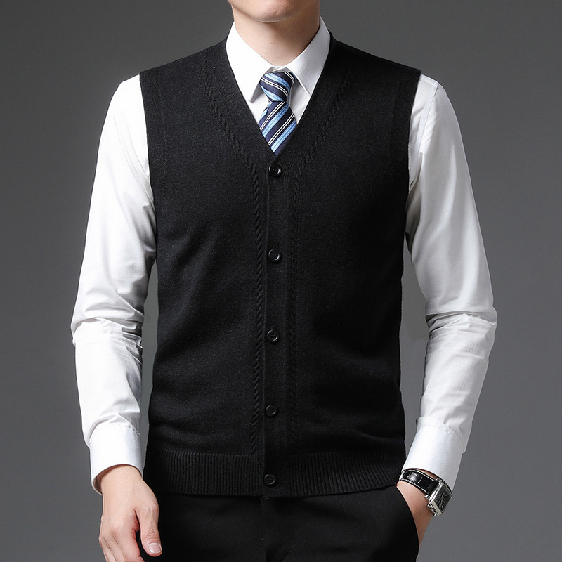 秋冬毛线厚坎肩v领毛针织开衫背心中年无袖毛线马夹男士毛衫开背