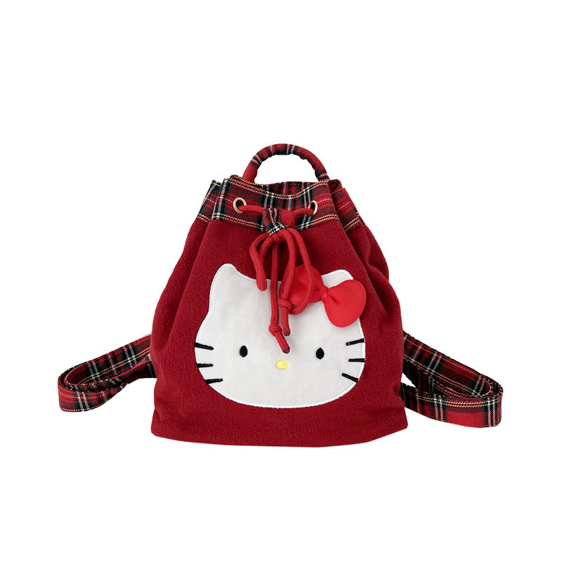 Japanese Cute Hello Kitty Retro Red Plaid Plush Backpack College Style Super Christmas Small Backpack for Women