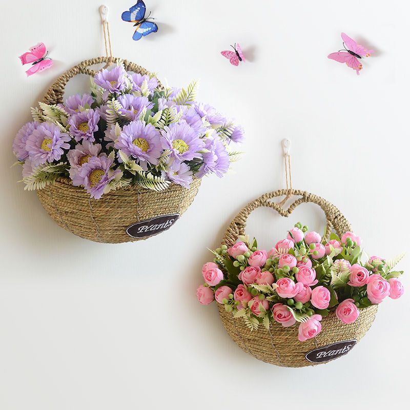 编织花挂墙花篮壁挂花盆藤编篮子花篮装饰挂壁花盆客厅吊篮假花盆