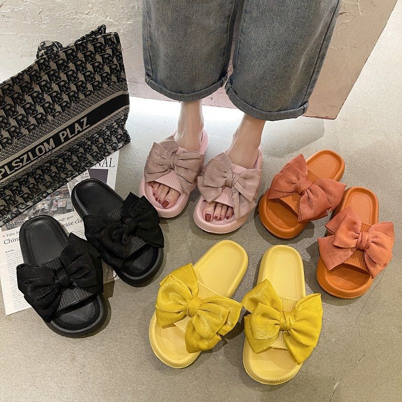 Wholesale Cute Bowknot Slippers Women's Summer Outdoor Wear Thick Bottom Bath Indoor Eva Home One-Word Sandals Beach Shoes