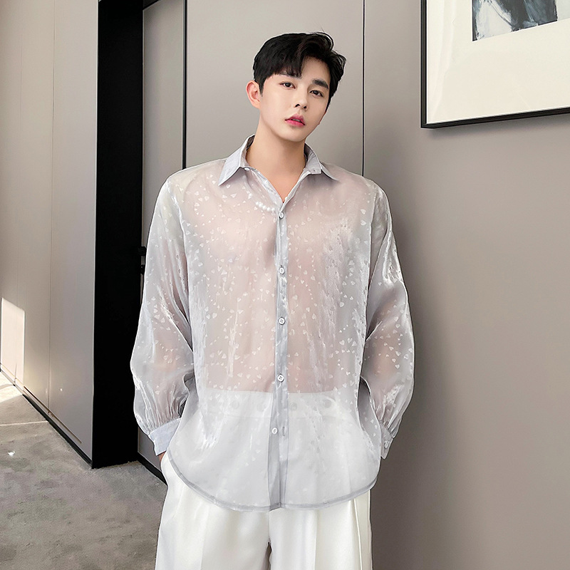 ins风透视薄款欧根纱衬衫男翻领长袖透明网纱衬衣防晒衣外搭外套