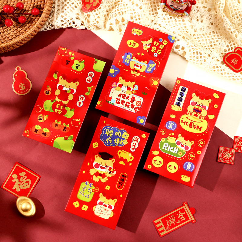 Creative Red Packet Year of the Dragon 2024 New Year Adhesive Sticker Small Red Envelope Cartoon New Year Gift Seal Red Pocket for Lucky Money