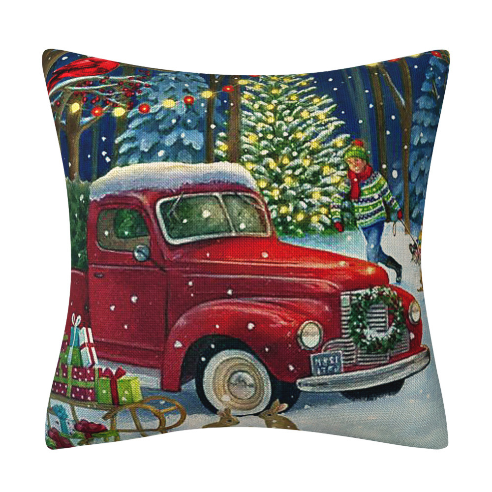 Santa Claus Truck Snow Scene Linen Pillow Cover Amazon European and American Holiday Home Ornament Pillow Cushion Cover