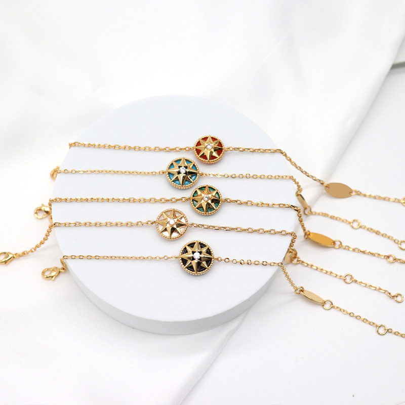 幸运罗盘八芒星手链女镶嵌天然白贝母手链 网红同款时尚18k金手饰